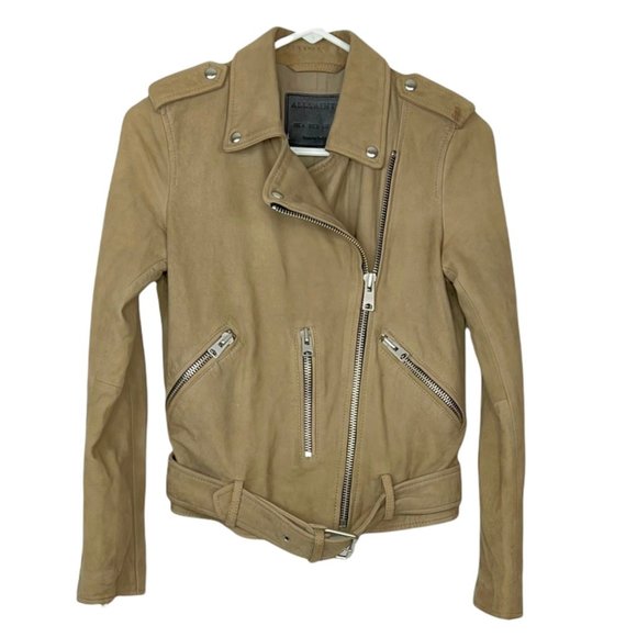 Allsaints Womens Balfern Motorcycle Biker Jacket Tan Zip Lined Leather 2 US 6 UK